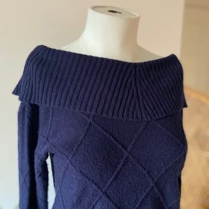 Eva Mendes Sweater. Navy off-shoulder sweater.